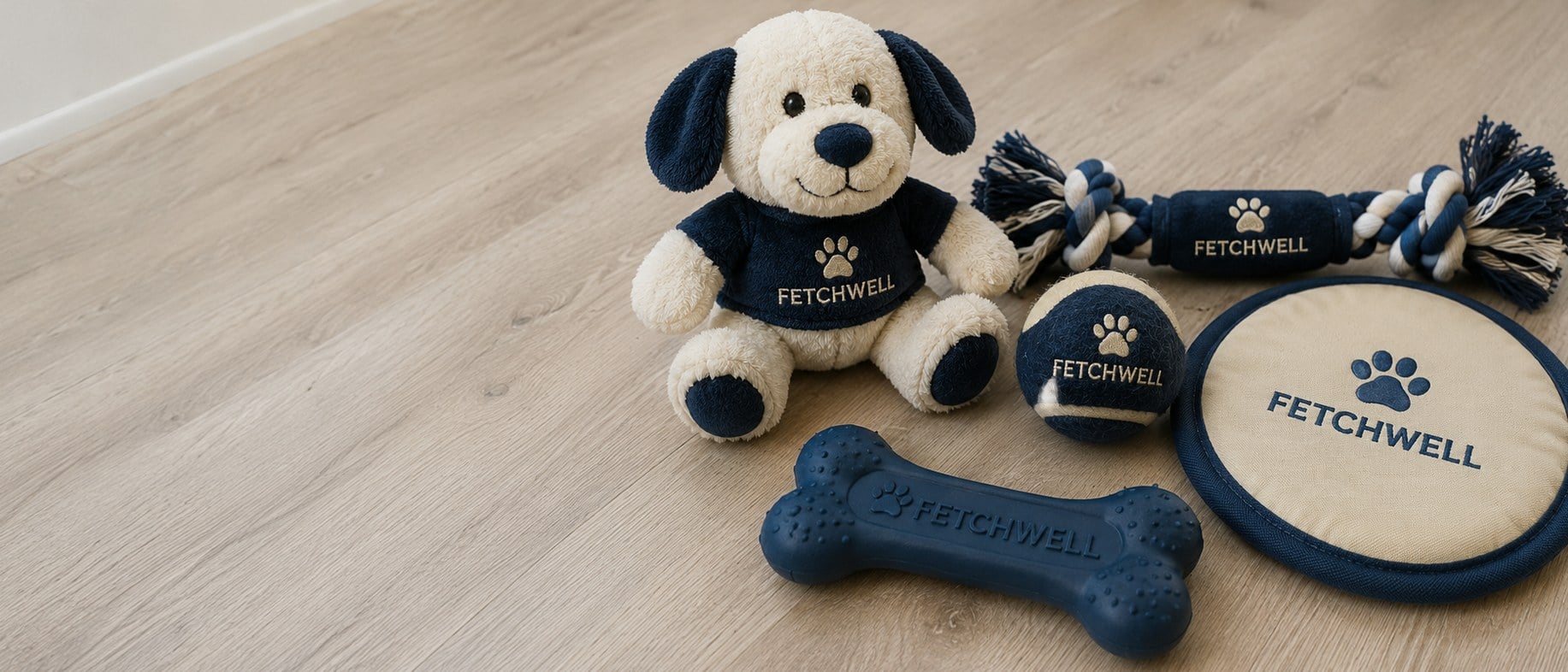 Custom branded dog toys with a printed logo arranged on a wooden floor